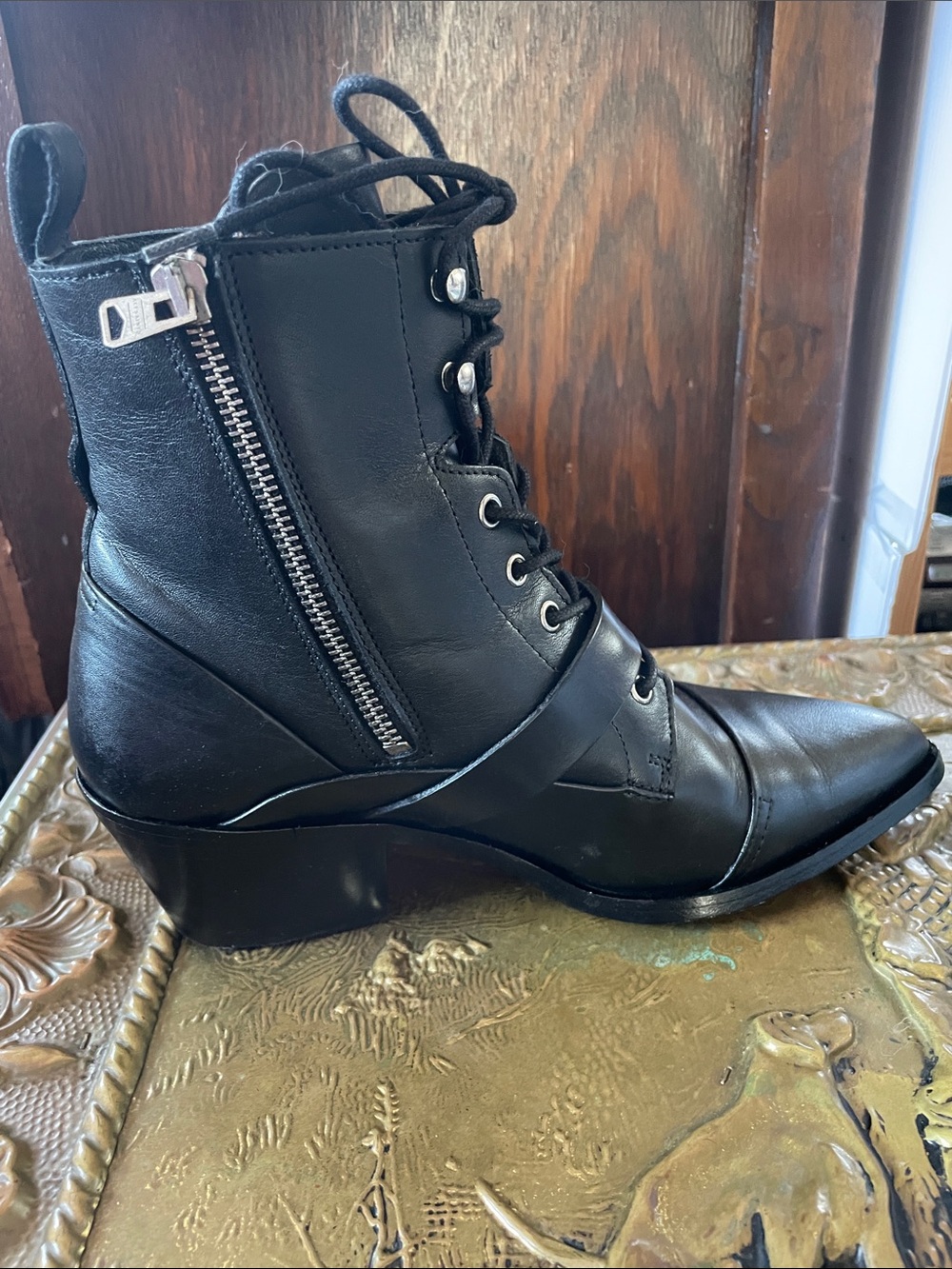 AllSaints Katy lace up heeled leather boots with buckle in black - Picture 4 of 5